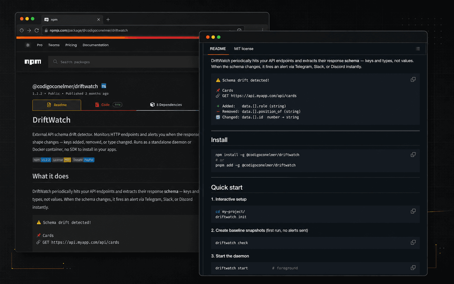 Paquete npm de DriftWatch junto a su alerta de cambios de schema e instalación