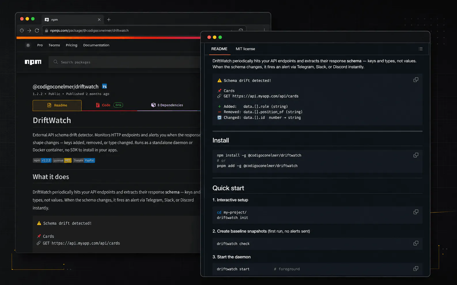 DriftWatch npm package beside its schema-change alert and installation guide