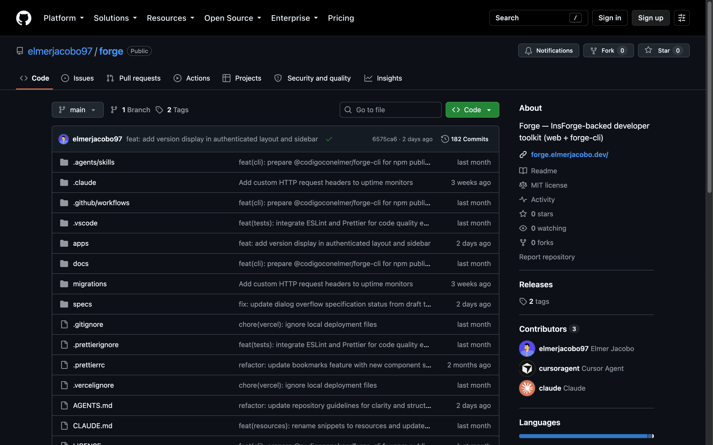 Repositorio GitHub público de Forge con código, README y herramientas web más CLI