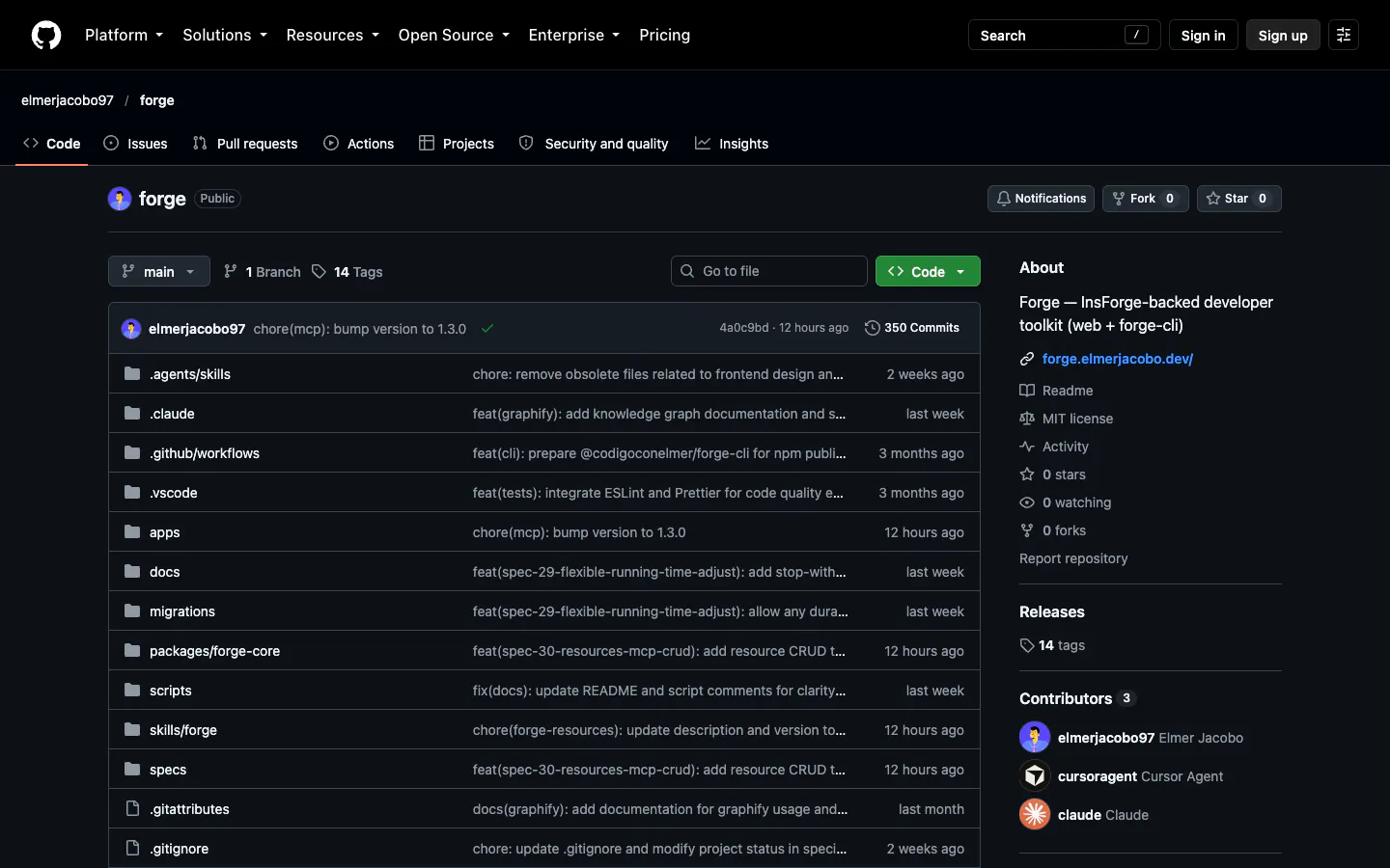 Forge repository on GitHub with the web app, CLI, MCP, and project specs