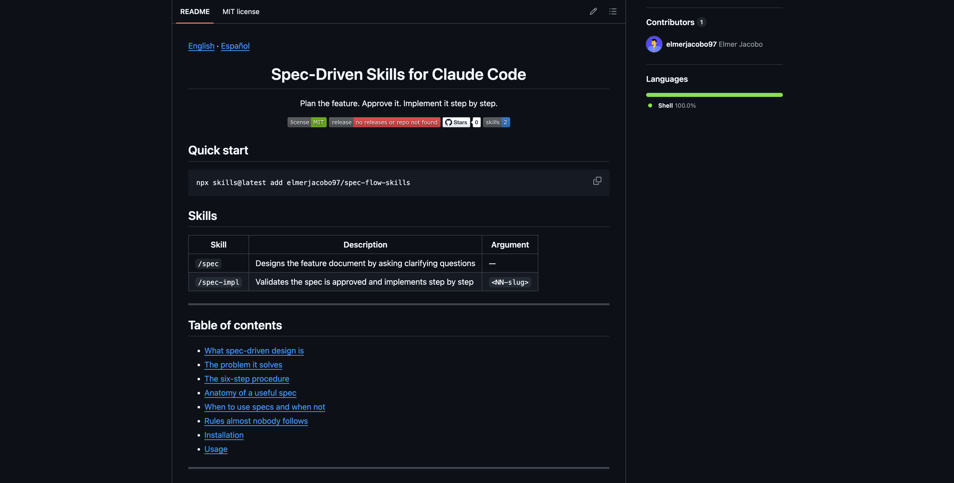 README de Spec Flow Skills con el flujo de especificación e implementación
