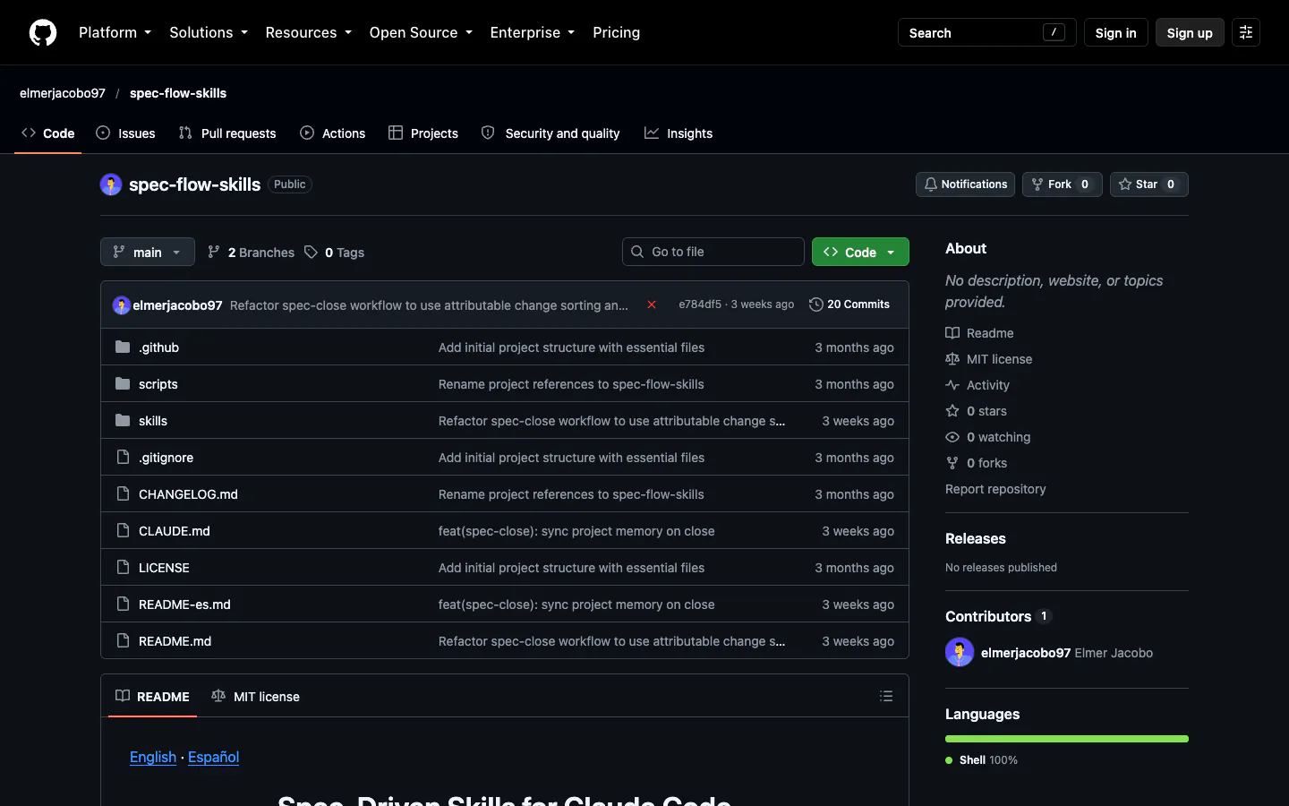 Spec Flow Skills repository on GitHub with the skills, README, and installer